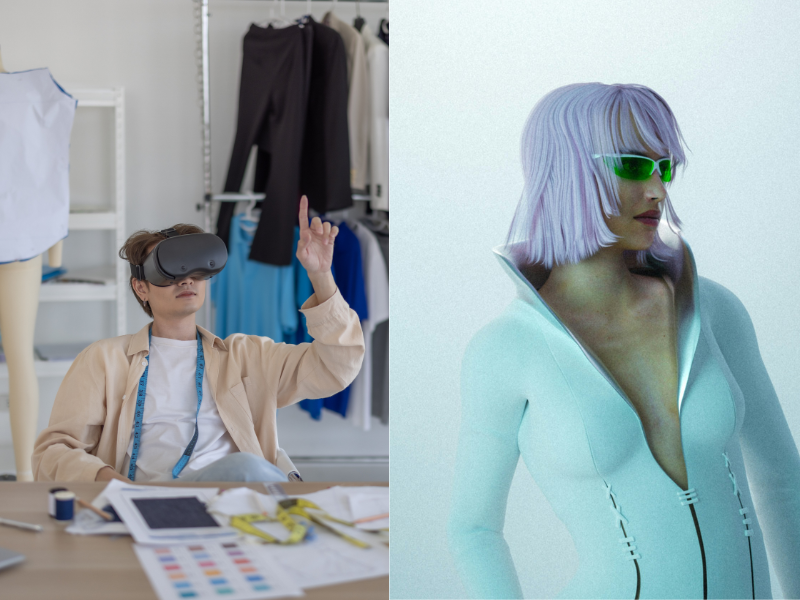 left: man designing with VR lens. right: rendered image of a 3D fashion model